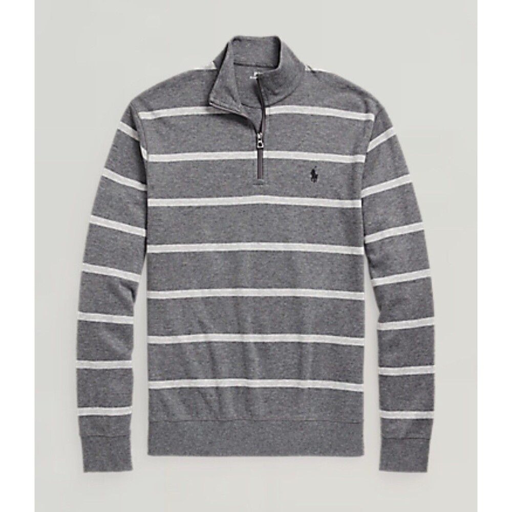 Polo Ralph Lauren Men's Knit Quarter Zip Long Sleeve Grey & White Stripe, LARGE